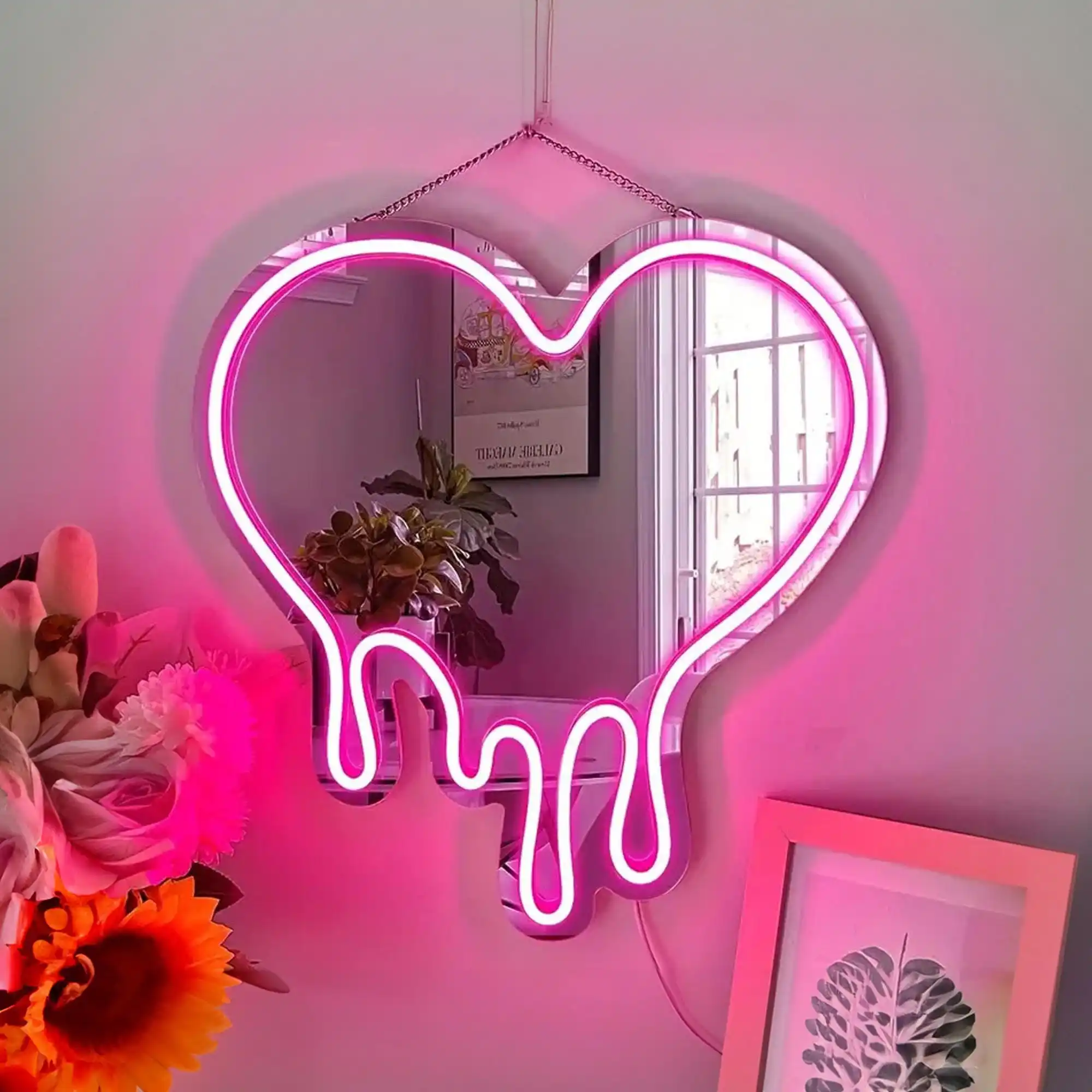 Neon Sign Heart Melt Mirror Neon for Dorm Wall Decor Custom Girl Bedroom Bathroom Heart Mirror Room Decor Personalized Gift