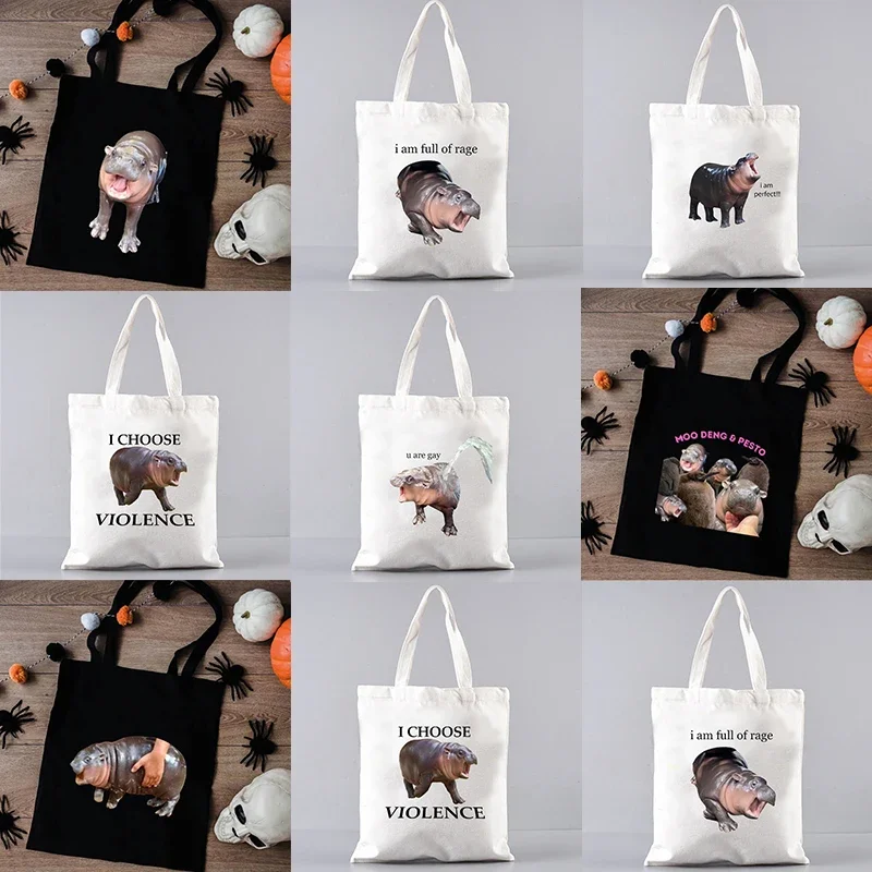 Cute Moo Deng Baby Ippopotamo Funny Meme Canvas Tote Bag Divertente  Shopping Bag Internet Popularity Hippo Print Shoulder Bag