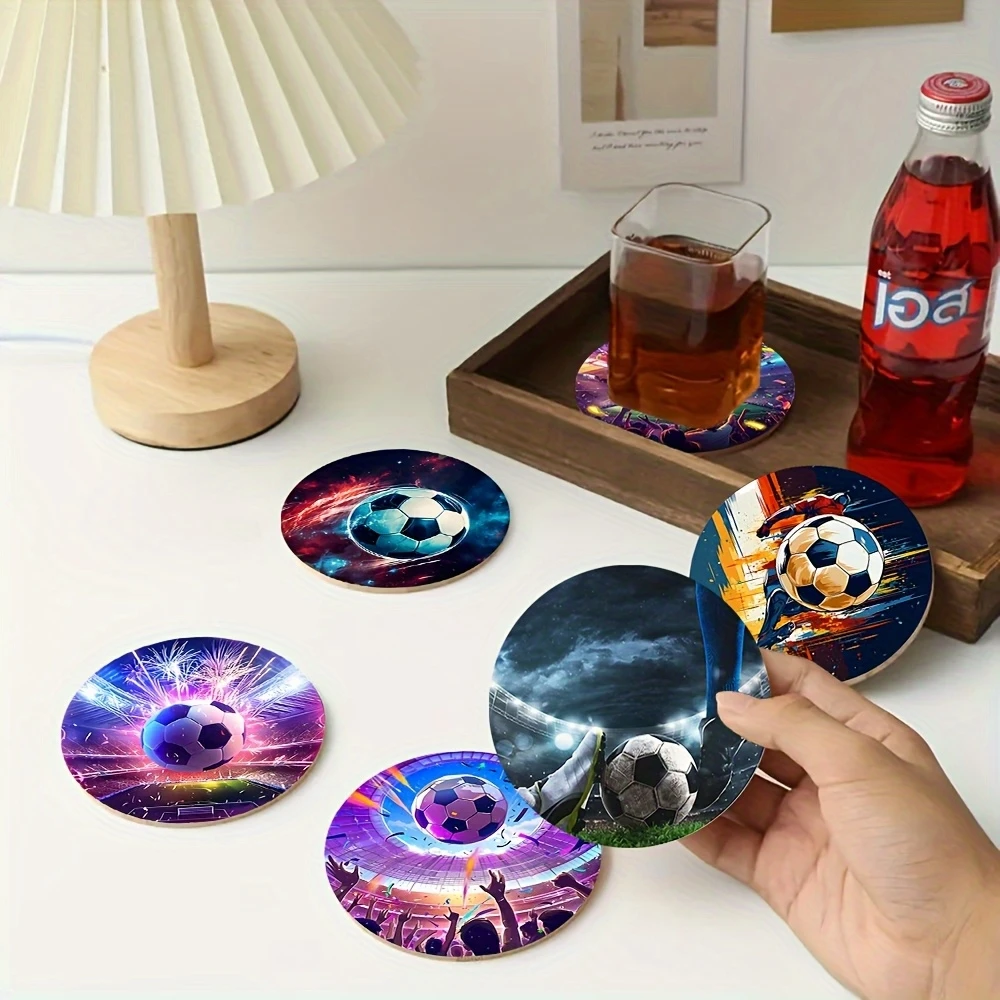 Retro Flame Wooden Cup Coaster 2D Football Theme Desktop Decor Heat Protection Gift for Football Enthusiasts Intense Competition