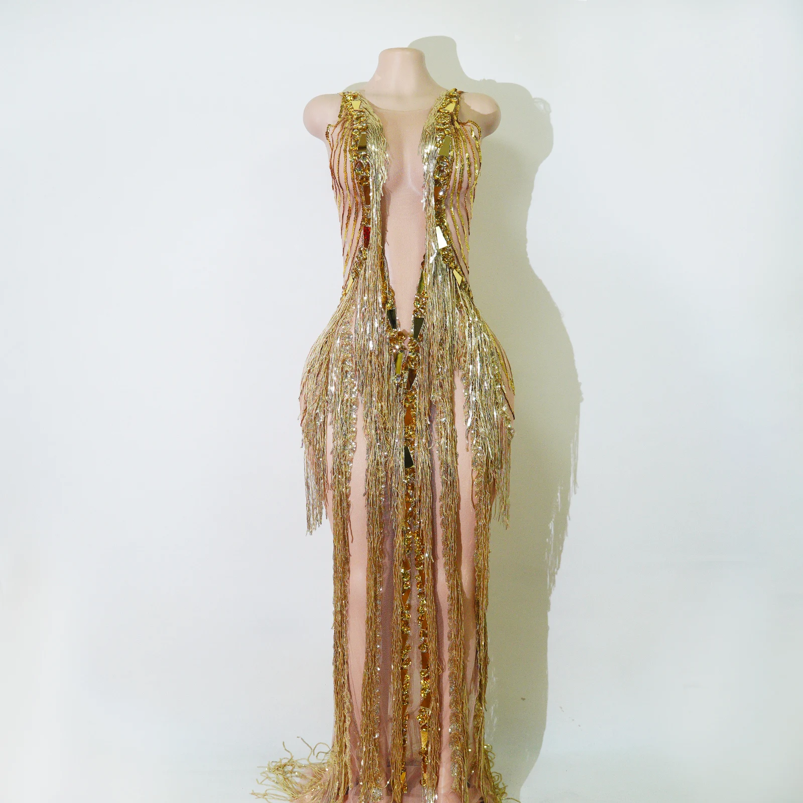 Luxury Gold Tassel Long Gown Rhinestone Fringe Dress Stage Outfit Gogo Original Drag Queen Performance Costume Sparkly Maxi