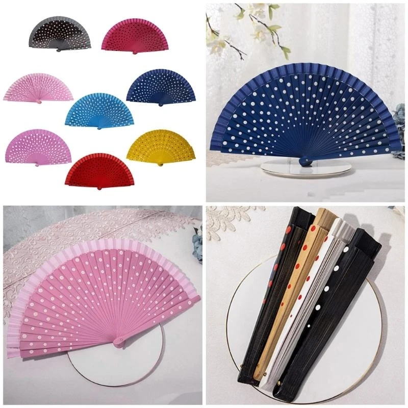G6KF Elegant Fan Fashionable Classical Vintage Hand Fan Spanish Dots Pattern Folding Fan for Weddings and Dance Parties