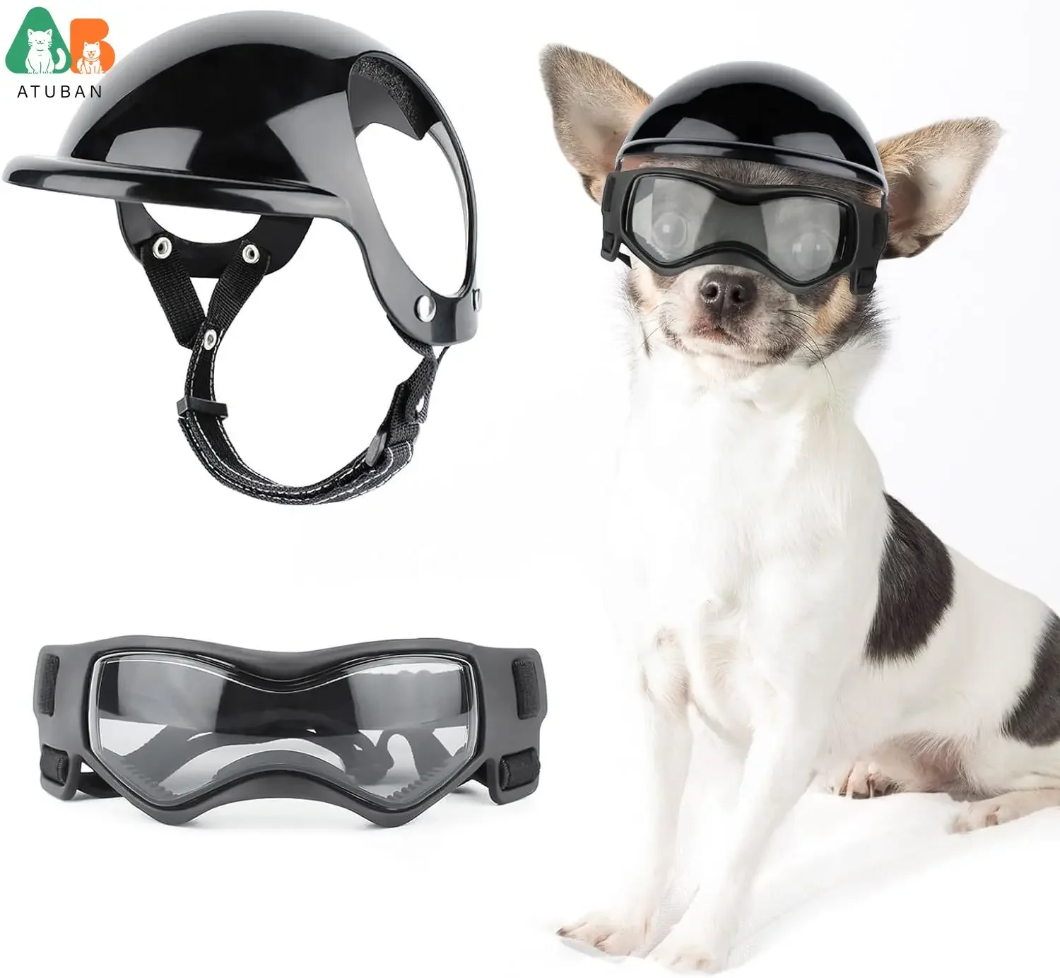 ATUBAN Casco para Perros y Gafas para Perros Pequeños-Casco para Casco de Motocicleta para Mascotas con Agujeros para las Orejas Correas Ajustables