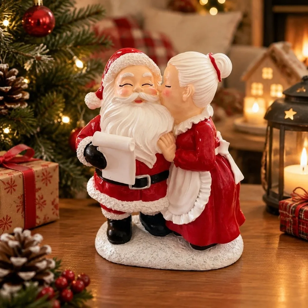 Resin Santa Couple Statue Red White Vintage Style Christmas Couple Ornament Detailed Decorative Santa Claus Figurine Home Decor