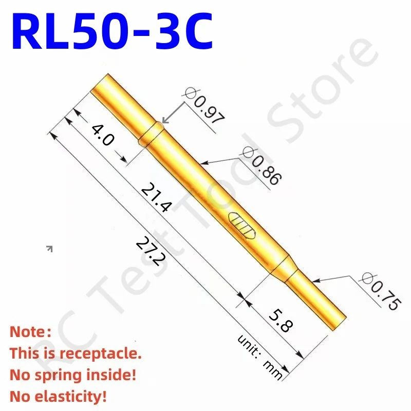 

20/100PCS RL50-3C Test Pin PL50-B Receptacle Brass Tube Needle Sleeve Seat Crimp Connect Probe Sleeve 27.2mm Outer Dia 0.86mm