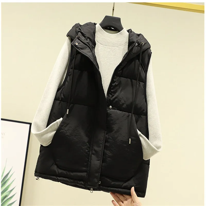 2025 가을 겨울 신상 후드 코튼 따뜻한 조끼 여학생 스트릿웨어 한국 스타일 루즈핏 민소매 파카 조끼 여성