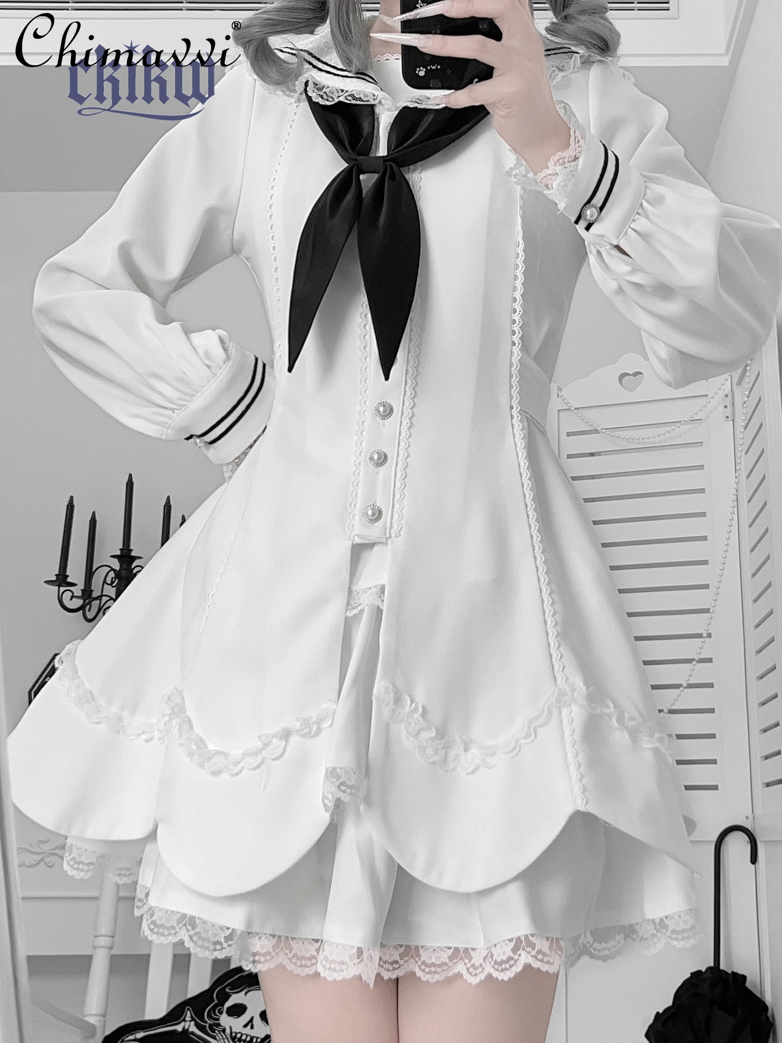 

Japanese Lace Sailor Collar Navy Style Cake Dress Set Subculture Long Sleeve Slim Dress Top + Skirt Lolita Girls Two-Piece Set