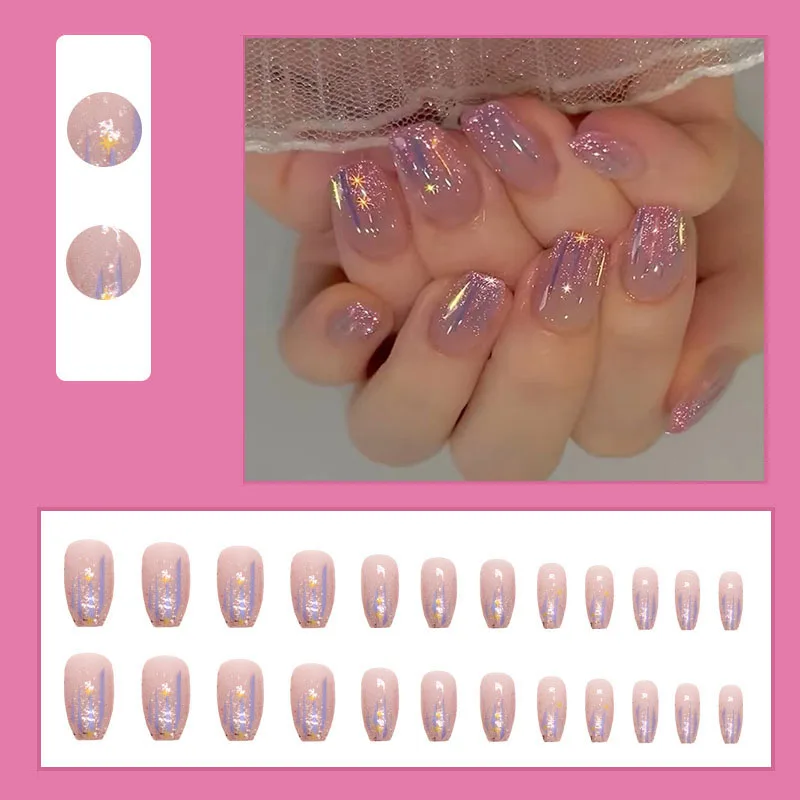 Gradient purple fake nails with sparkling glitters ballet nail tips yellow star printing full cover reusable press on nails