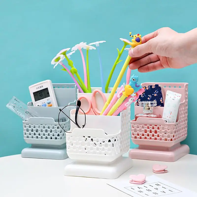 Rattan Woven Pen Holder Makeup Organizer Desktop Storage Box Container for Cosmetics Jewelry Stationery Plastic Organizer