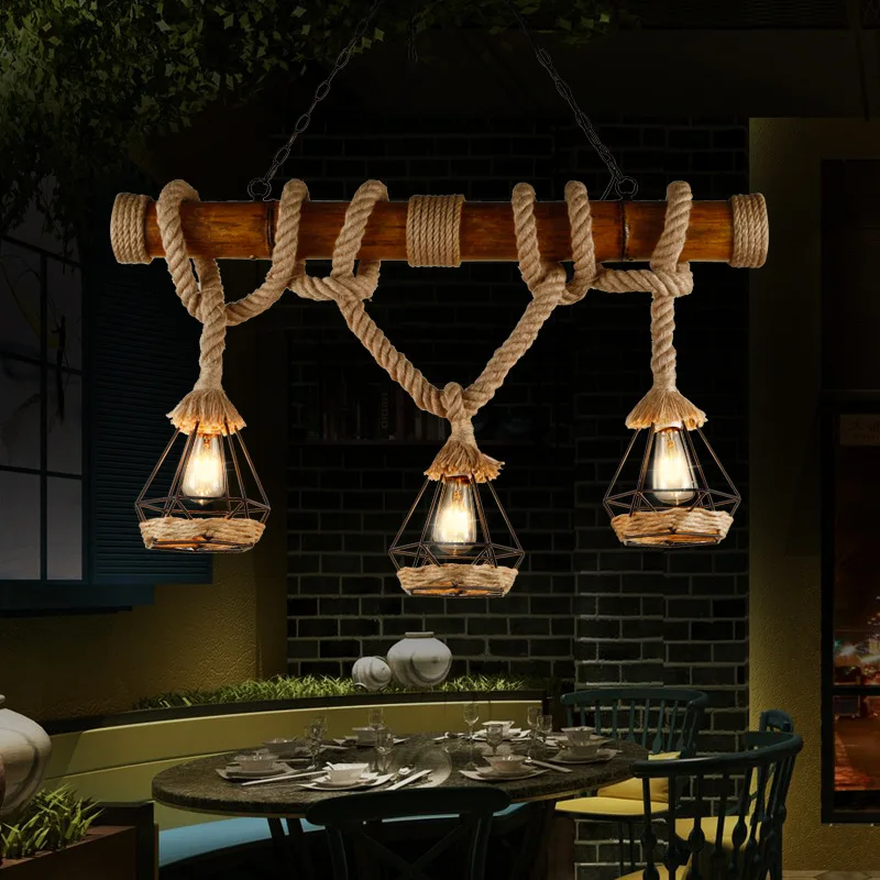 Retro style hemp rope chandelier, creative restaurant pastoral three-head chandelier