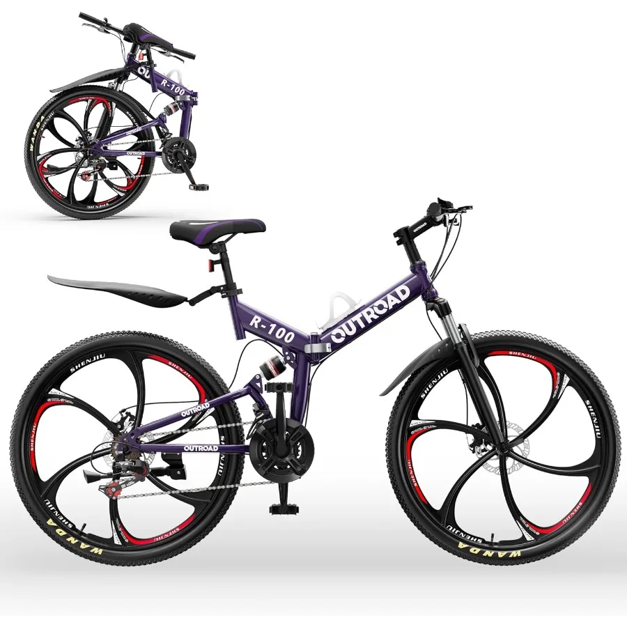 

Outroad 26 Inch Folding Mountain Bike 21 Speed Full Suspension High-Carbon Steel MTB Foldable Bicycle with Dual Disc Brake and