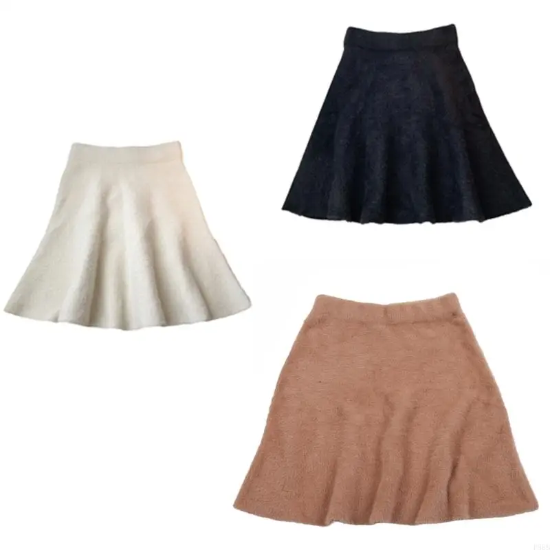 P88B Womens High Waist Thicken Furry A-Line Mini Skirt Winter Pleated Flared Skirts