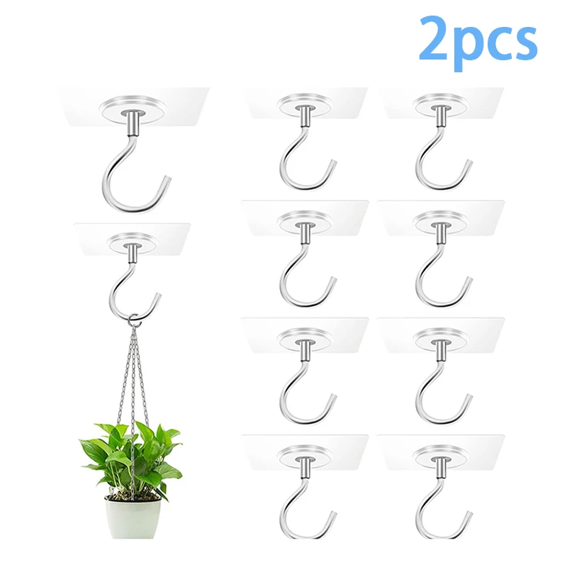 

2Pcs No Drill Hanging Hook Adhesive Ceiling Hooks For Hanging Plant Wind Chimes Stainless Steel Outdoor Adhesive Hook