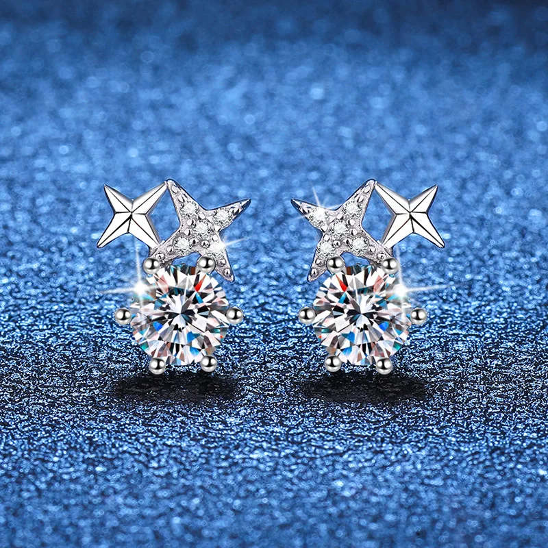 

s925 sterling silver Moisanne diamond stud female simple six-prong Korean version of eight-pointed star earrings 1 carat D color