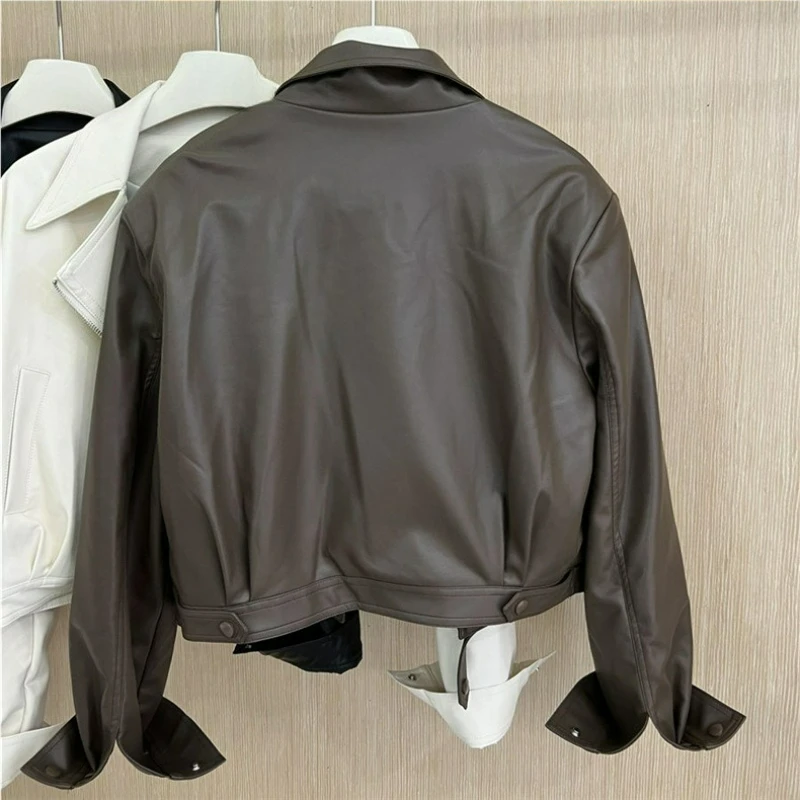 New Spring/Autumn 2026 Korean-style Fashionable Lapel Motorcycle Leather Jacket Short Slimming Form-fitting Outerwear for Women