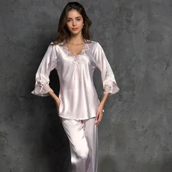 Spring and Autumn Ice Silk Sexy Lace Simple Simulation Silk Pajamas Women's Summer Silk Pajamas Set Loungewear Women's