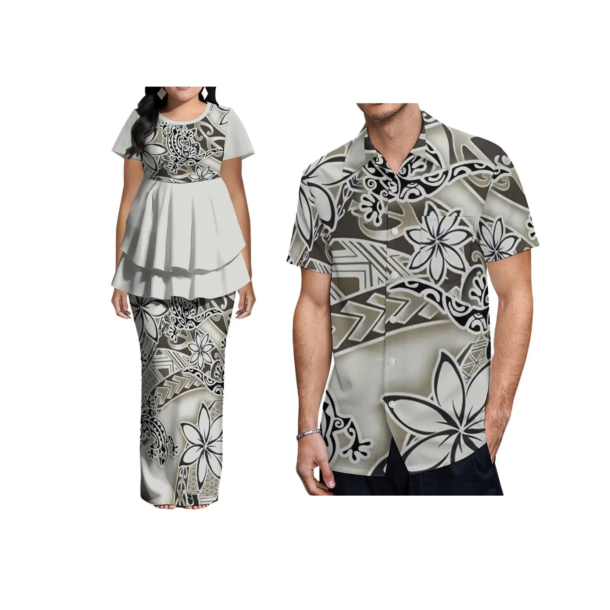 

Customized Womens Short Sleeve Frill Dress Pacific Island Art Design Dress Two Piece Samoan Puletasi Set Dress Plus Size Dress