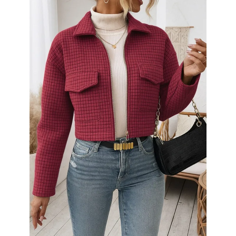 

2025 New Women's Autumn and Winter New Spliced simple Long-sleeved Zipper Lapel Woolen Jacket