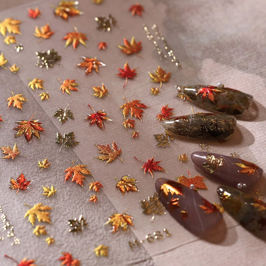 Calcomanías adhesivas para manicura, calcomanías para decoración de uñas, relieve 5D, gelatina dorada brillante, historia de hoja de arce de otoño, alta calidad