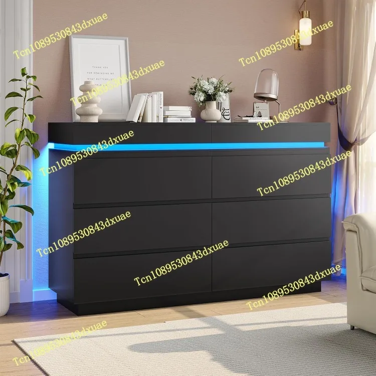 Modern 6 Drawer Dresser with Sliding Desktop, Wide Chest of Drawers with Charging Station & LED Lights, Large Storage Tow