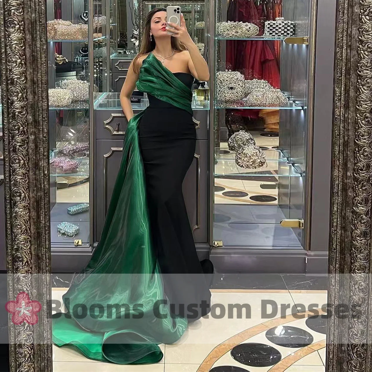 Blooms Black Mermaid Customized Evening Dresses With Shiny Satin Train Sleeveless Prom Dress Celebrity Formal Occasion Gown