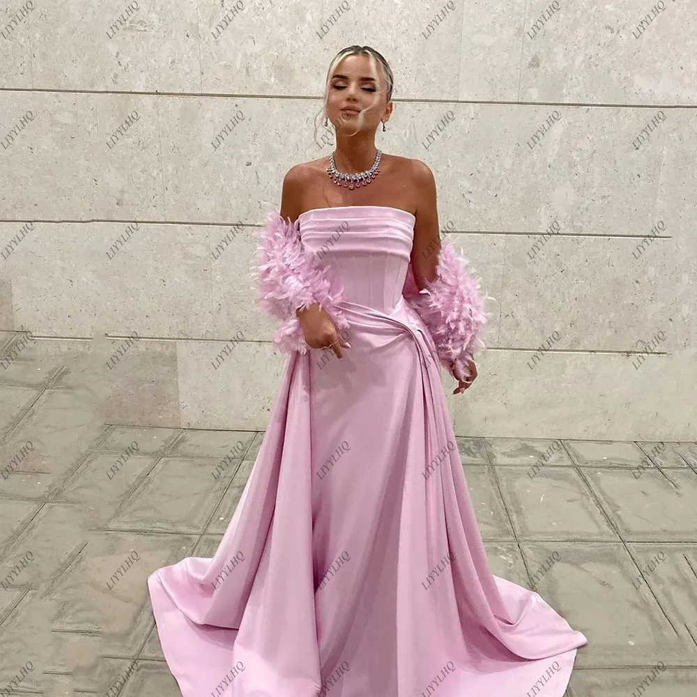 LIYYLHQ Pink Exquisite Satin Evening Party Dresses Feathers Strapless Prom Dresses Off The Shoulder Night Dress Special Evens ve