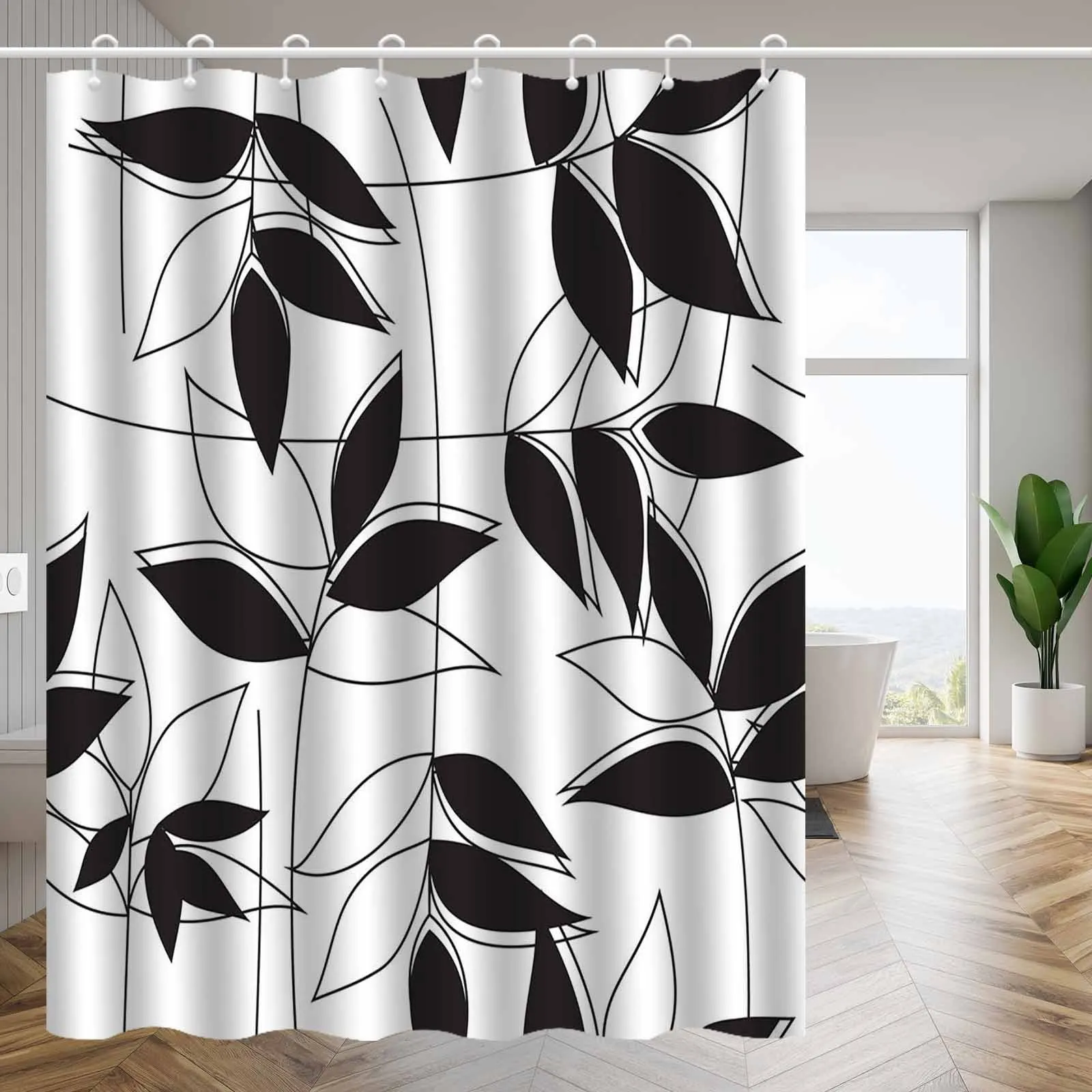 

Минималистичная занавеска для душа в скандинавском стиле с рисунком черно-белых листьев, полиэфирная ткань, которую можно стирать в машине, подходит для декора ванной комнаты.