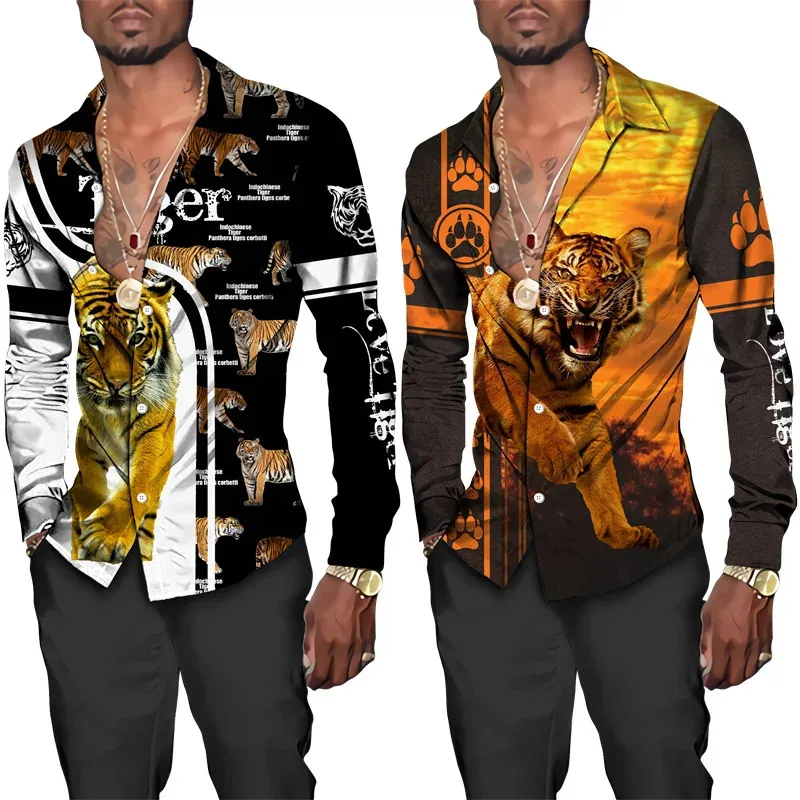 Camisa havaiana de manga comprida masculina, tigre frio, Y2K, estampa em 3D, abotoado, tops casuais, hip-hop, roupas masculinas, ano novo, primavera, outono, 2024