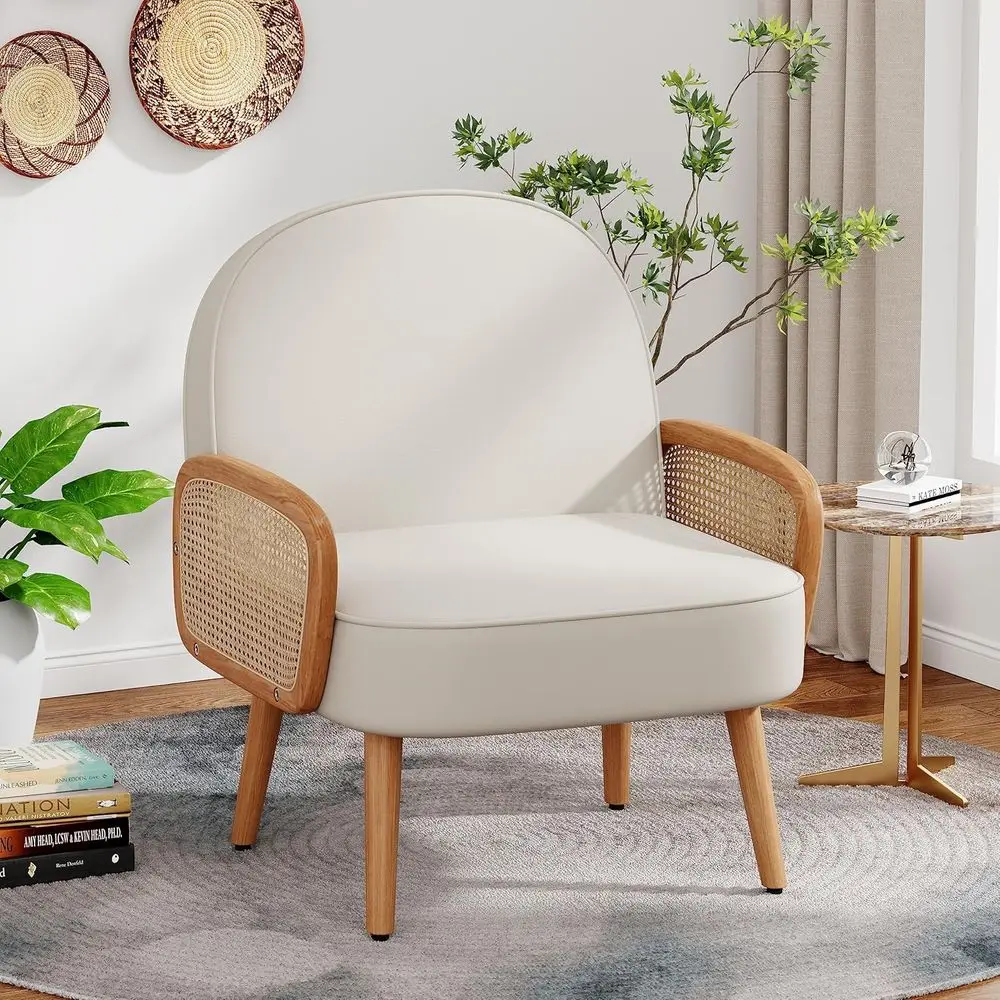 

Rattan Arm Accent Chair with Upholstered Seat, Boho Style for Living Room, Bedroom, or Balcony - Beige Leather Reading Chair