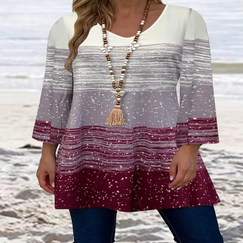 

Plus Size Casual Top Women's Plus Print Three Quarter Sleeve V Neck Slight Stretch Top