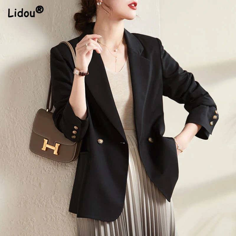 

Dignified Intellectual Office Lady Formal Fashion Loose Button Pockets Blazers Solid Notched Spring Autumn Women's Clothing Thin