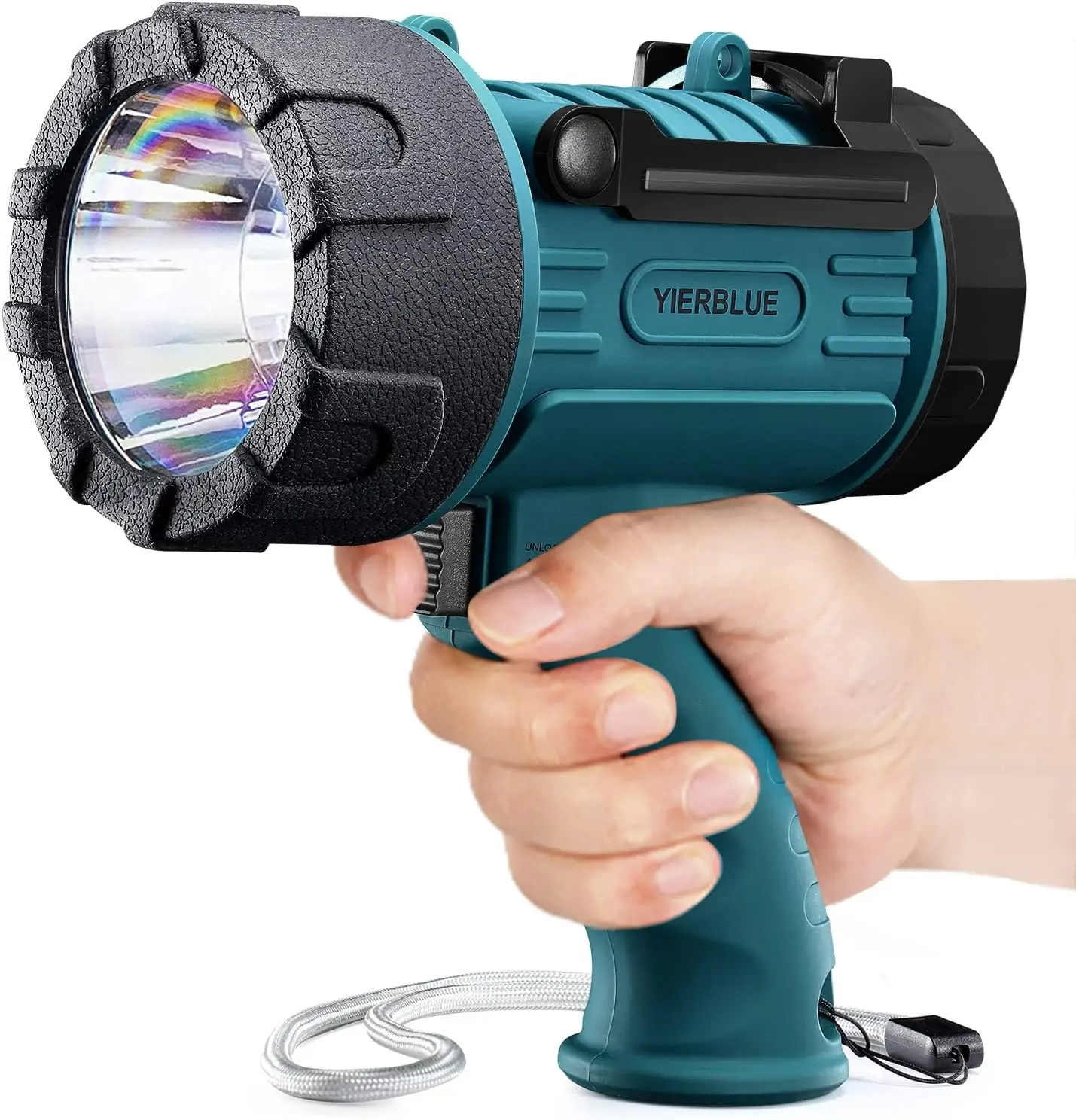 Rechargeable Spotlight Flashlight with 1000000 Lumen LED, IP67 Waterproof, Long Runtime, and Foldable Stand