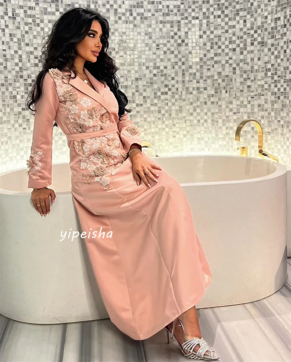 Customized Jersey Sequined Flower Beading Ruched Celebrity A-line V-neck Bespoke Occasion Gown Midi Dresses