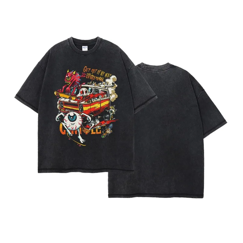 Men's Washed and Worn T-shirt Classic Design Retro Loose Print T-shirt Men's Round Neck Design Short Sleeve Streetwear Top TEES