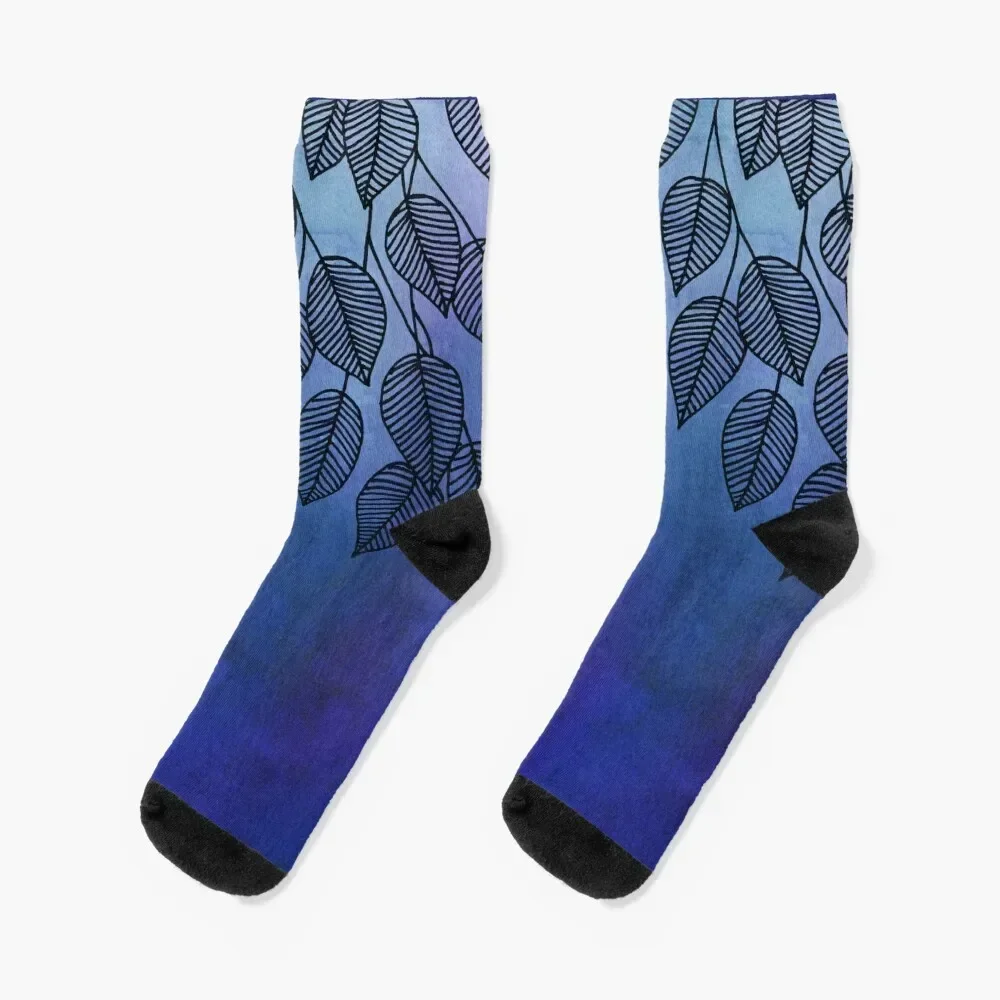 Midnight Blue Garden - watercolor & ink leaves Socks new in's man custom set Socks Woman Men's