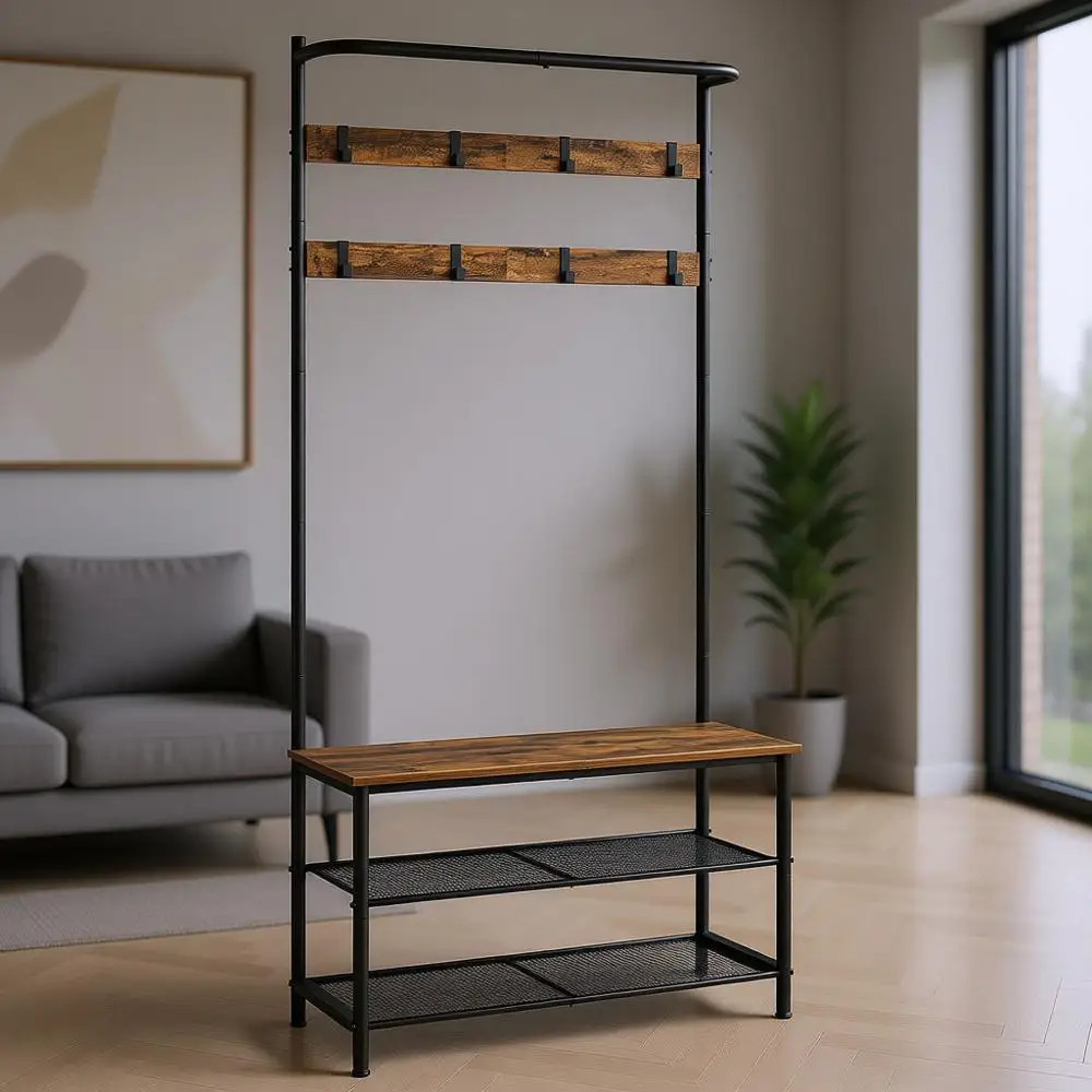 

Скамья для прихожей 4-в-1 с местом для хранения, вешалкой для одежды, скамейкой для обуви, штангой для одежды и 8 крючками, цвет: рустик-коричневый и черный