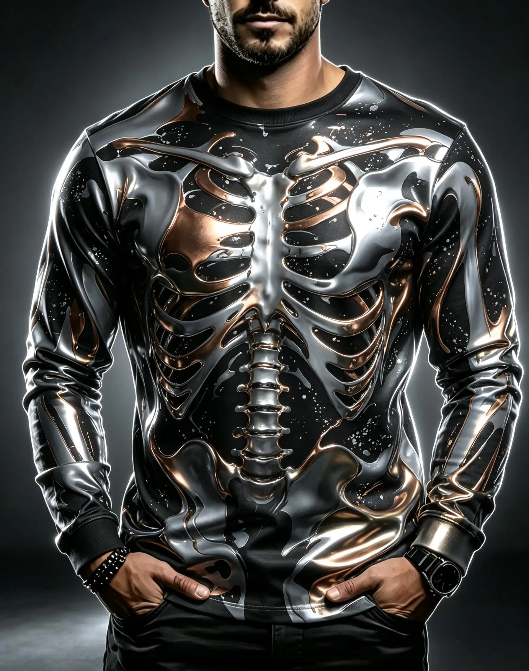 Men Fashion Long Sleeve T-shirt, Black Base Metallic Skeleton Armor Robot Print Casual Autumn Street Tee