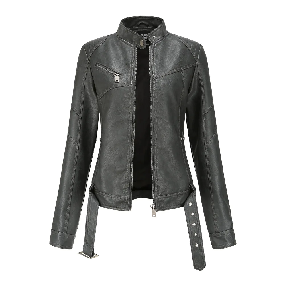 Spring and Autumn Jacket Female Casual Jacket Biker Leather Jacket Large Size Slim Leather Jacket Standing Collar Thin Section