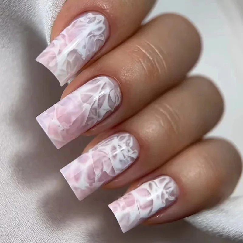 

24pcs White Crack Full Cover Nail Tips Detachable Mid-length Square False Nails Sets Fake Nail Art Simple Ballet Press on Nails