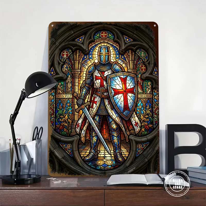 Stained Glass Crusader Knight 3D Printed Texture Poster Personalized Wall Art Retro Metal Tin Signs for Bathroom Decor Room Home