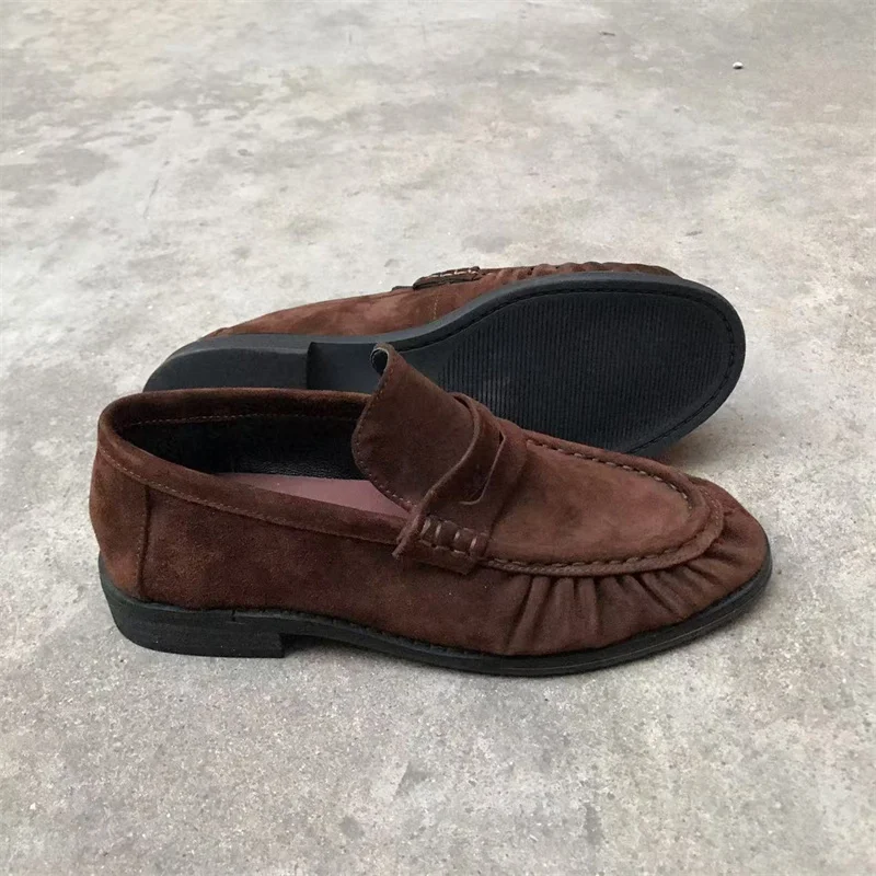 French Retro Style Women Slip on Loafers Pure Handmade Calf Leather Flat Shoes Wear Resistant Rubber Sole Casual Footweargl