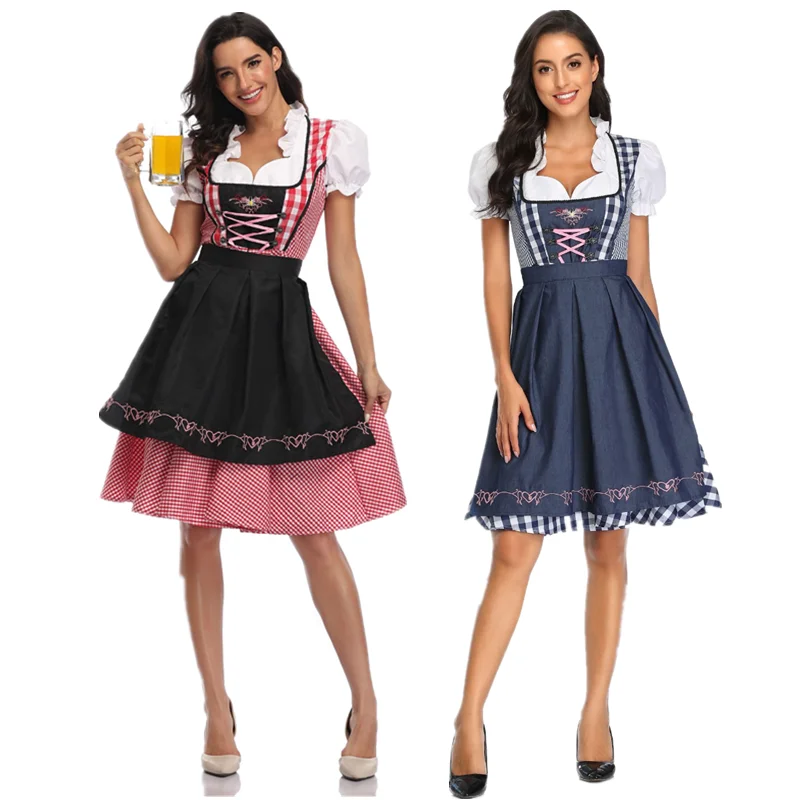 

Lady Oktoberfest Costume Traditional Germany Pink Plaid Dress Bavarian National Beer Party Halloween Fancy Clubwear Cosplay