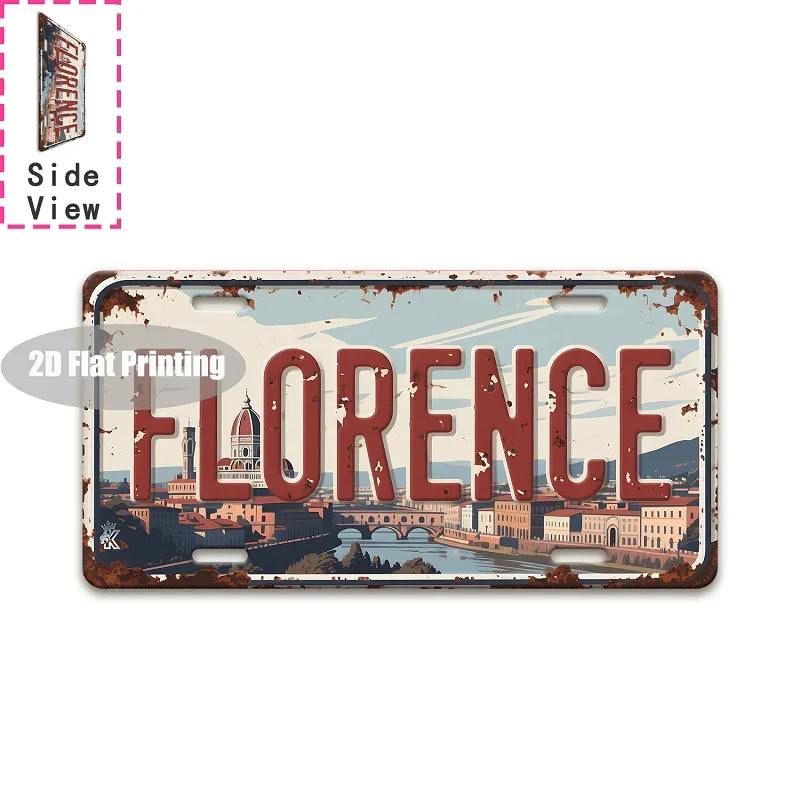 2D Flat - Vintage Metal Wall Sign of Florence, Italy, Featuring a License Plate Design - Large Size 11.8X5.9 Inches (30X15 Cm