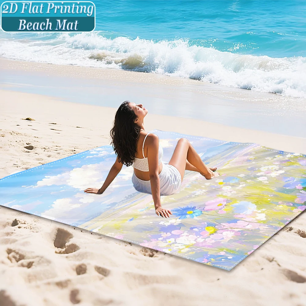 1-Piece Set, Summer Outdoor Beach Mat, Includes 4 Ground Stakes, Unique Printed Design, Fade-Resistant, Lightweight, Quick-Drying, Easy to Carry, Windproof and Sandproof, Fashionable and Trendy Outdoor Activity Decoration, Suitable for Beach, Camping, Picnics, Parties
