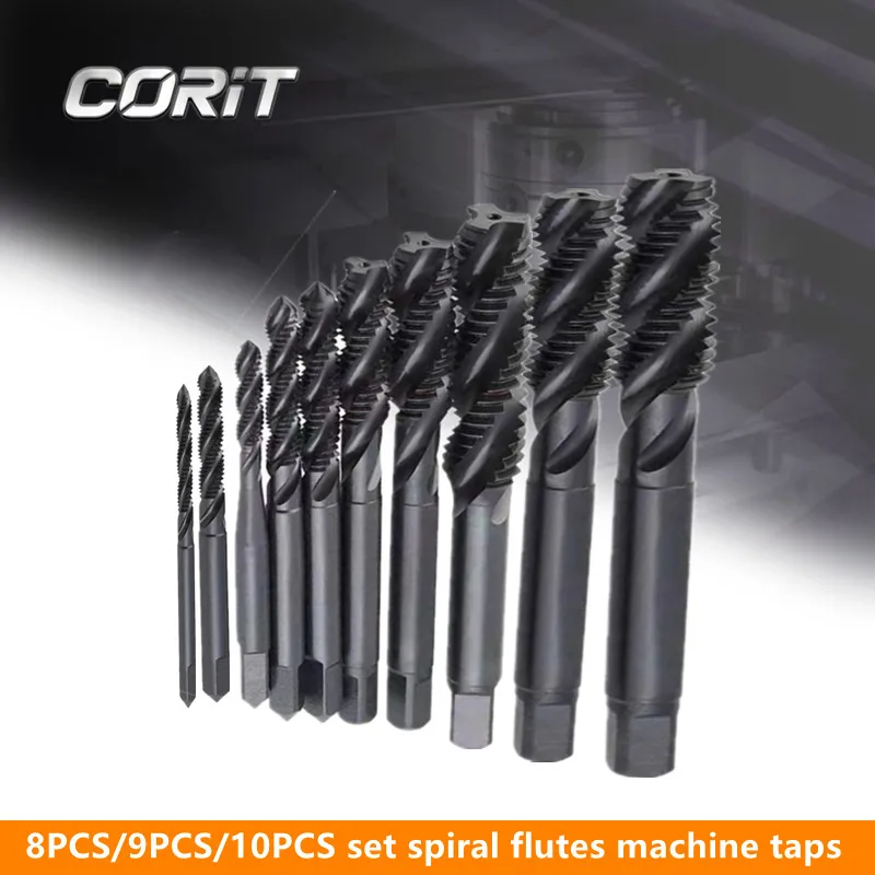 CORIT Machine Taps Set 8PCS / 9PCS /10PCS Spiral Flutes Nitride Taps Metric Thread M2 M3 M4 M5 M6 M8 M10 M12 M14 M16 Drilling