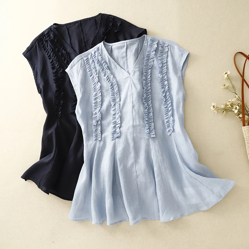 

New Women's Cotton Linen Svel V-ne Vest Summer Belted Outerwear Quali Small irt Pear ape Commute Sle Pure Color