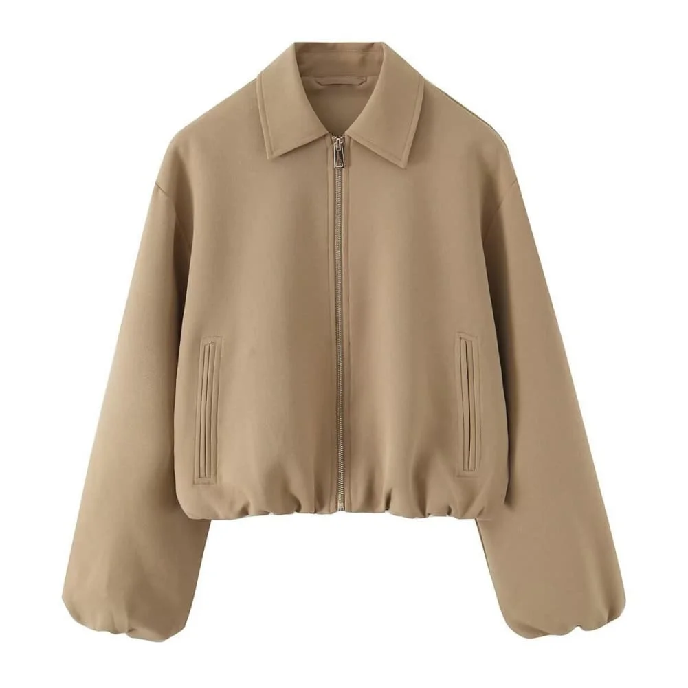 Womens Polyester Outerwear Jacket with Notched Collar Loose for Fit Short Sleeves and Full Front Zipper Suitable for Vacation