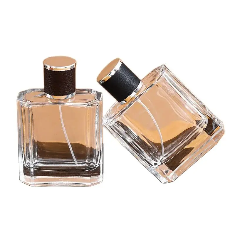 

5Pcs 100ml Big Capacity Clear Glass Perfume Bottles Flat Square Crimp Pump 100g Empty Atomizer Spray Bottle With Leather Lid