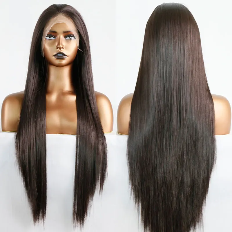 Straight Synthetic Lace Front Wig Dark Brown Color Heat Resistant Fiber Natural Hairline Free Parting For African American Wigs