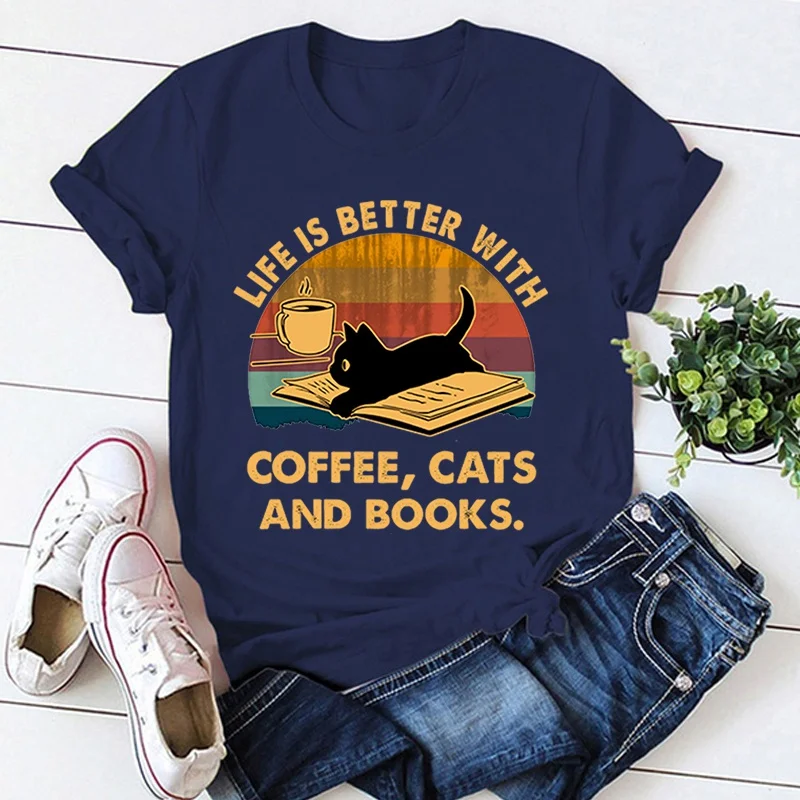 Hot Life Is Better With Coffee Cats And Books Print T-Shirt Loose Short Sleeve Harajuku Casual Tops Women Men T-Shirt