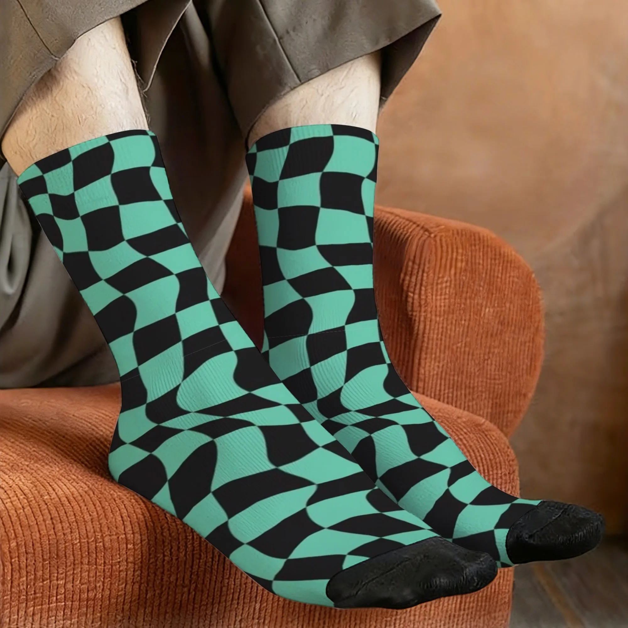 Twisted Wave Checkerboard Socks Durable Lightweight Smooth Men's Socks Cycling Hiking Camping Punk Harajuku Fashion Sports Socks